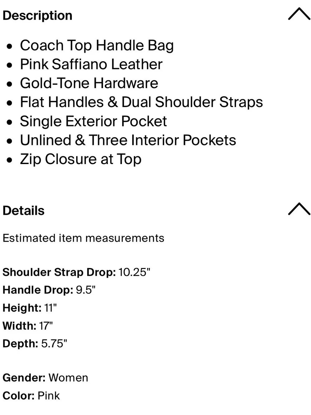 Coach Pink Leather Tote Bag - Zip Front Pocket
